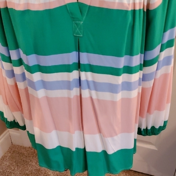 Striped Pink and Green V Neck Women's Top - Picture 5 of 8